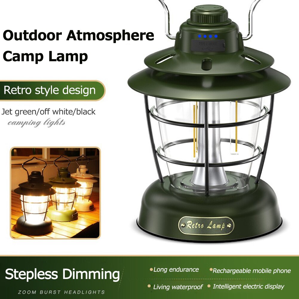 Cheap Goat Tents LED Camping Lamp Lights Type C Charging Camp Tent Light Waterproof Dimming Emergency Lamp Retro Portable Garden Hanging Lantern   